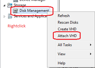 Windows 7 Disk Management, Attach VHD